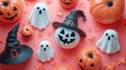 Obraz premium A vibrant pink background showcasing prints of witches' hats, ghosts, and spooky pumpkins with funny expressions.