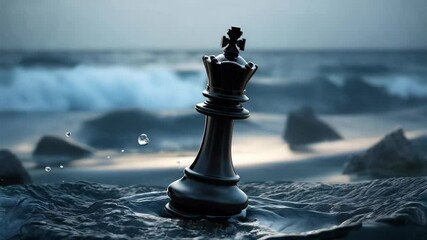 A black chess piece  on the sea