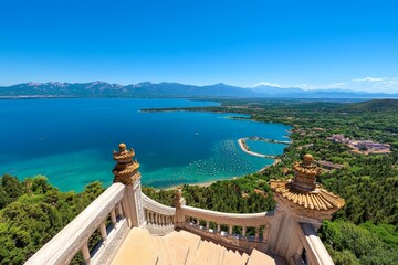Naklejka premium Panoramic view of the Summer Palace, with Kunming Lake reflecting the intricate architecture and the lush surrounding greenery