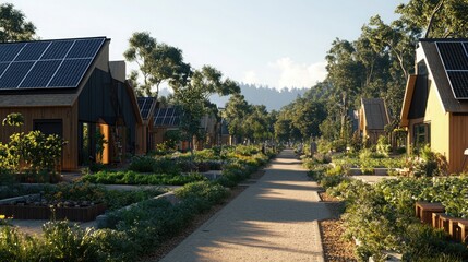 A quiet, pedestrian-only street with modern eco-homes, solar panels, and green areas for community gardens, surrounded by natural landscapes.