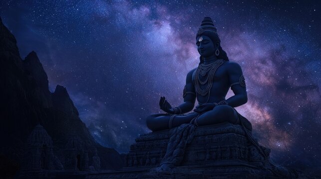A mystical setting showcasing Shiv Parvati in a celestial ambiance under a starry night sky.