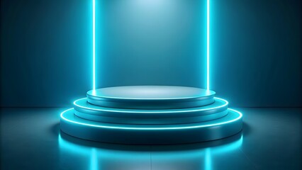 glowing blue neon podium for product advertising and cosmetics presentation