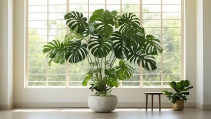 Fototapeta premium In a bright room with large windows, a stunning monstera plant flourishes in a textured pot, accompanied by a smaller plant on a wooden stool nearby