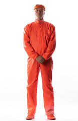 Male prisoner in orange robe on white background