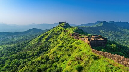 A panoramic view of Rajgad Fort nestled among lush green hills under a clear blue sky, showcasing its ancient architecture and rugged terrain.