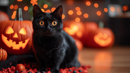 A neon orange background featuring playful prints of witches, black cats, and jack-o'-lanterns glowing with spooky faces.