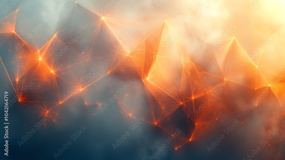 Poster A mesmerizing display of glowing geometric shapes in orange emerges from a soft, misty gray sky, creating a captivating and dynamic visual experience.