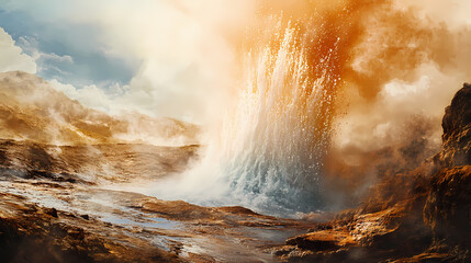 Dramatic close-up of a geyser erupting, with powerful jets of steam and water shooting into the air against a backdrop of rugged geothermal terrain. Geyser Eruption. Illustration