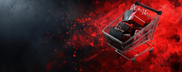 Best discounts event banner, intense red and black theme, glowing price tags, packed online shopping carts, excited customers