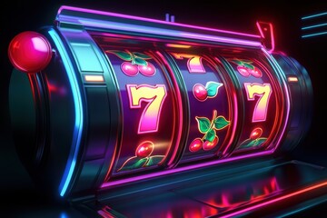 The glowing reels of a classic slot machine display colorful symbols like cherries, sevens, and bars, inviting players to try their luck. Generative AI