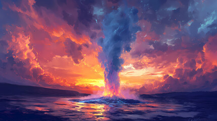 Fototapeta premium Dramatic sunset over a geyser erupting in yellowstone national park. generative ai. Geyser Eruption. Illustration