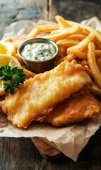 Fish and chips with tartar sauce and lemon.