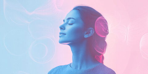 Serene woman in colorful ambient light with ethereal background