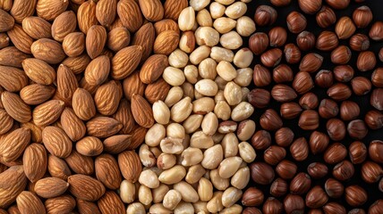 Assorted nuts arranged in a visually appealing pattern on a dark background.