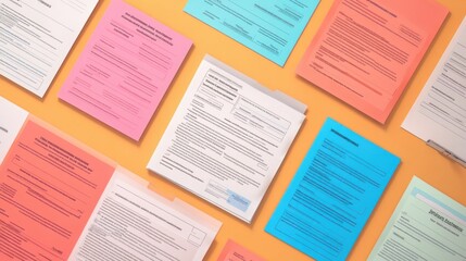 Obraz premium An overhead view of colorful documents on a yellow surface.