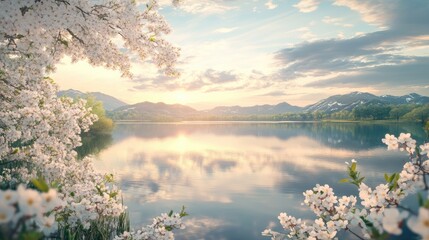 A serene lakeside view reflecting an anime-style sky, with distant mountains and blossoming flowers framing the scene.