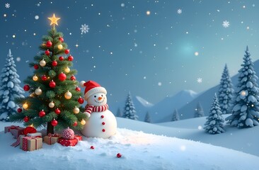 Christmas tree with gift boxes and snowman. Night mountain landscape.