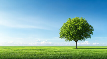 A solitary tree stands in a vast, lush green field under a clear blue sky, exuding tranquility and natural beauty.