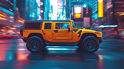 A side view of a bright yellow hummer driving through a cityscape at dusk, with vibrant lights reflecting off the vehicle.