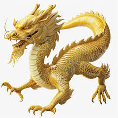 Fototapeta premium A majestic golden dragon with intricate scales and fierce features isolated on white background, symbolizing power and mythology.