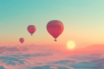 Obraz premium Tranquil Hot Air Balloons at Sunrise Over Snowy Landscape: Adventure and Freedom in Nature