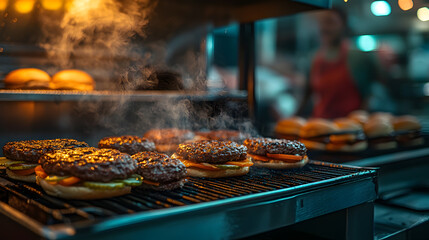 A brightly lit burger food truck, with sizzling burgers on the grill, shot with a telephoto lens