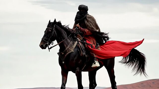 Skilled Janissary rider guides a powerful black horse through stunning desert terrain during golden hour, showcasing traditional attire and horsemanship.