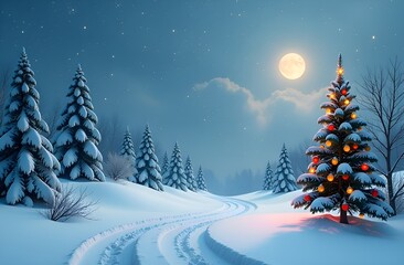 Landscape with Christmas tree and forest. Snow. Full moon.