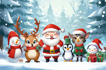 group of cartoon characters, including Santa Claus and a penguin, are posing for a picture in a snowy forest