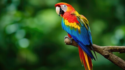 Fototapeta premium A vibrant parrot perched on a tropical branch, showcasing its colorful feathers against a lush green background.