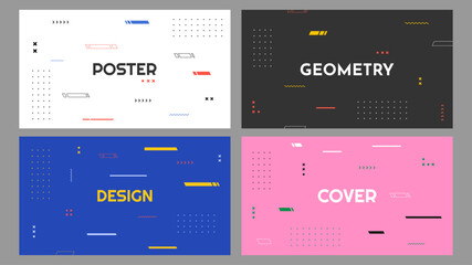 Vector illustration. Abstract vibrant color background set. Cool bright wallpapers with flowing shapes and halftone dots. Design elements for web banner, horizontal wallpaper. Geometry style