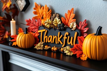 Thanksgiving decorations on a mantle, featuring pumpkins, candles, and a "Thankful" sign framed by autumn foliage