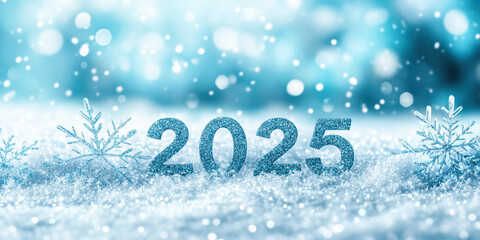 Glittering snowflakes and 2025 in a sparkling winter wonderland scene