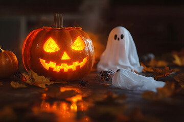 Happy Halloween! Glowing Jack o lantern, glowing ghosts, pumpkin and spiders on table in evening. Spooky atmospheric halloween decorations, space for text