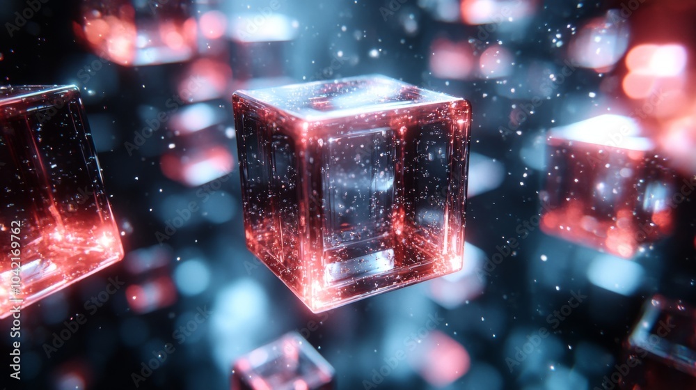 Poster Translucent cubes hover in the air, illuminated by brilliant red and blue lights. The glowing shapes create an enchanting atmosphere filled with sparkles and light reflections.