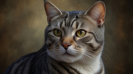 A close-up portrait of a tabby cat with green eyes, looking to the side, against a blurry brown background.