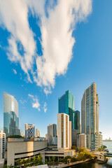 Fototapeta premium Skyline of office and apartment buildings in downtown Miami, with Miami river and Biscayne Bay, Florida, United States