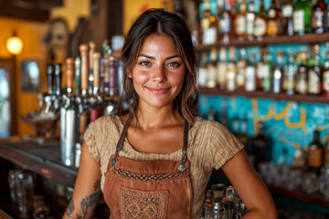A hipster tattooed woman bartender smiling at the bar counter.