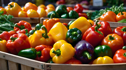 Vibrant display of fresh vegetables, showcasing colorful peppers, greens, and tomatoes in a well-lit market setting.