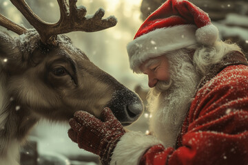 man in a red Santa suit is petting a reindeer. The scene is set in a snowy environment, and the man and the reindeer seem to be enjoying each other's company