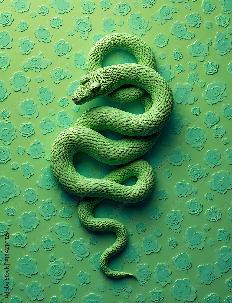 Poster A serene and intricate design showcases a green snake set against a seamless, repeating pattern.