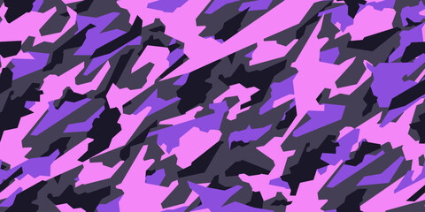 Fashionable camouflage pattern for clothing design. Purple seamless pattern. Vector camouflage military pattern.