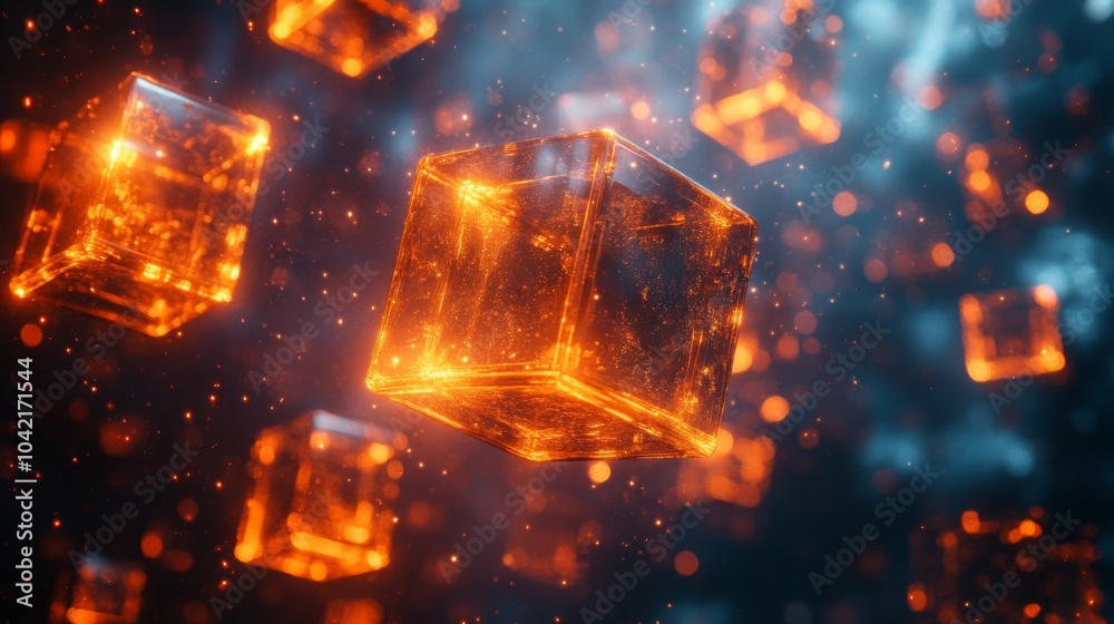 Poster floating orange cubes emit a warm glow against a dark, nebulous background filled with shimmering sp