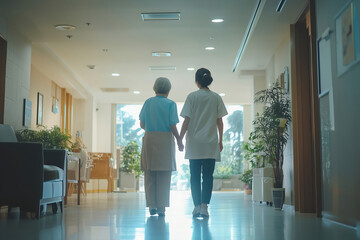 Fototapeta premium Caregiver assists elderly woman in a bright hospital corridor during a peaceful afternoon. Generative AI