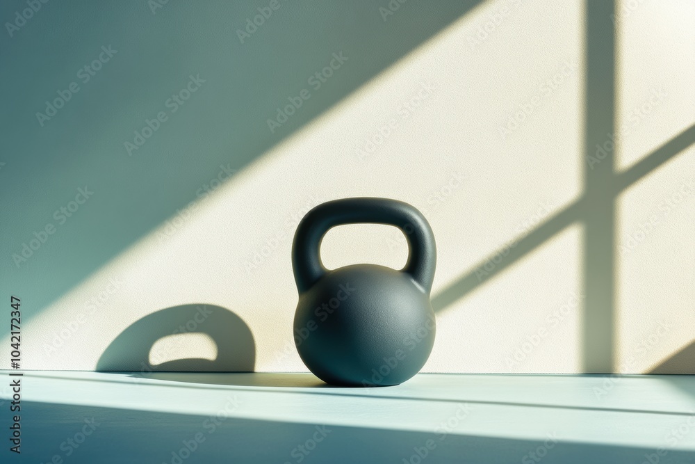 Aufkleber A black kettlebell rests on a light surface, with natural light illuminating the space and creating distinct shadows in the morning. Generative AI