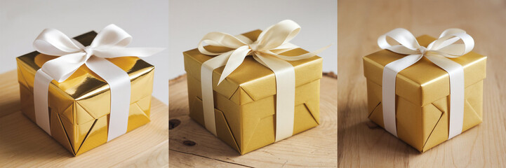 Golden gift box with white ribbon. Collection of classic luxury gift boxes with elegant ribbons. Set of gift preset boxes with ribbon of various styles. Perfect for any celebration occasion project.