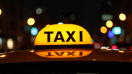 Taxi cab light glowing at night with city street lights creating a colorful bokeh