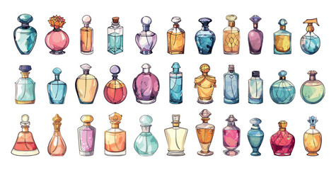 Perfume aroma bottles cartoon vector set. Vials glass sprayers man woman odor fragrance flavor, elegant design eau de toilette spray body containers, cosmetic fashion flasks isolated bouquets