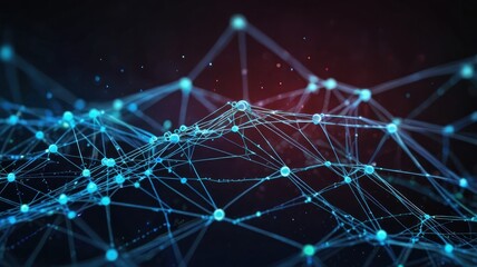 Abstract blue and red digital network with connected lines and nodes on a dark background.