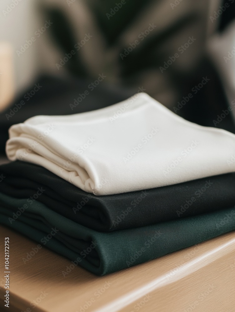 Poster an assortment of neatly folded minimalist sportswear is arranged on a smooth table, ready for an act